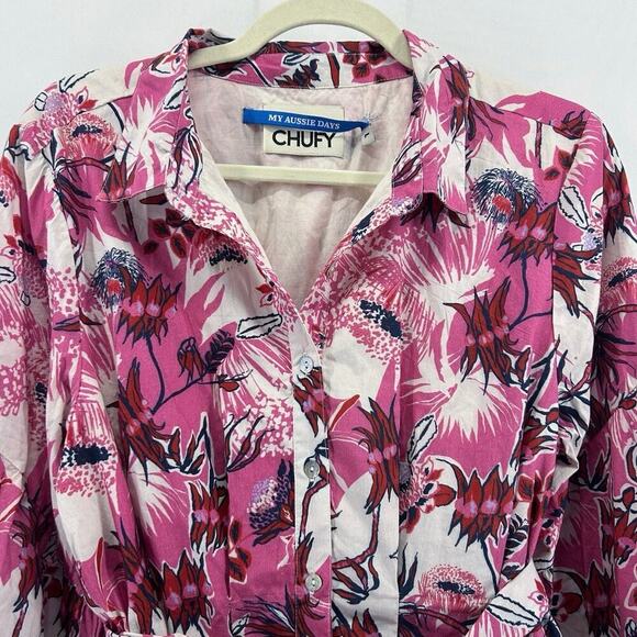 Chufy Ushi Mini Dress Pink Floral Long Sleeve Collared Button Down - Picture 4 of 8